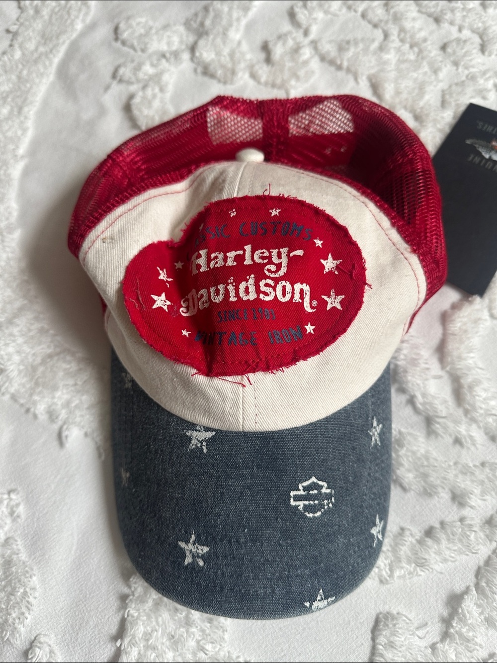 Harley-Davidson  Trucker Hat in Red, Cream & Blue Star Visor